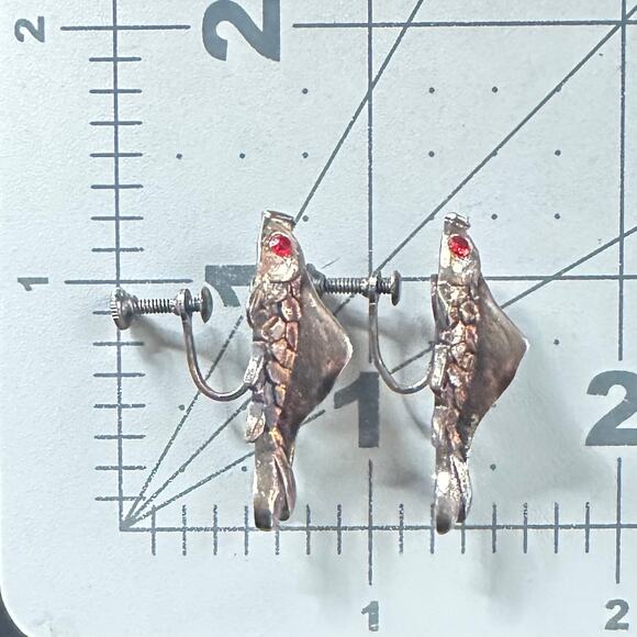 1940s sterling silver gold vermeil koi fish red rhinestones screw back earrings - Picture 8 of 8